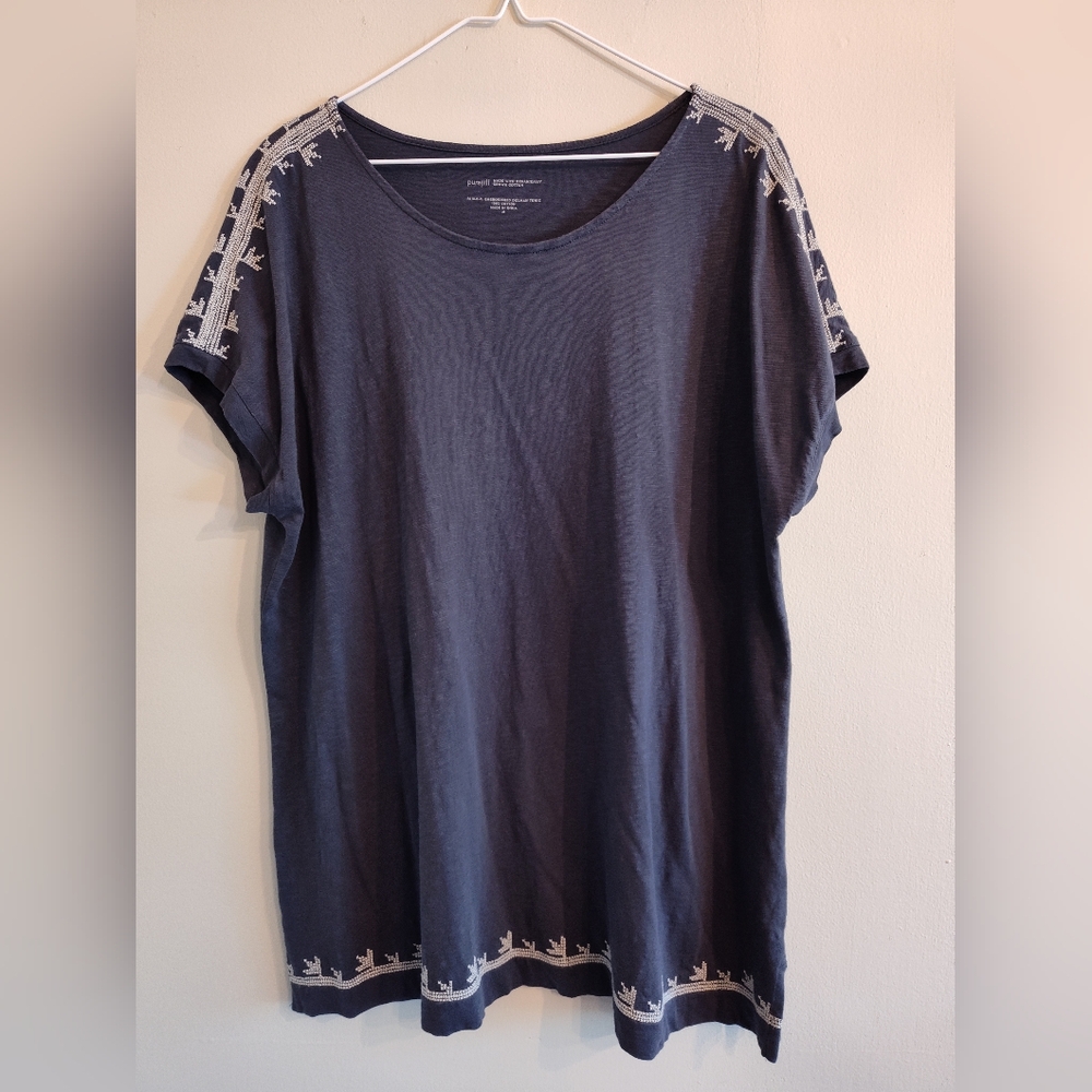 Purejill J Jill Relaxed Cotton Gray and White Boxy Tee with Decorative Embroide…
